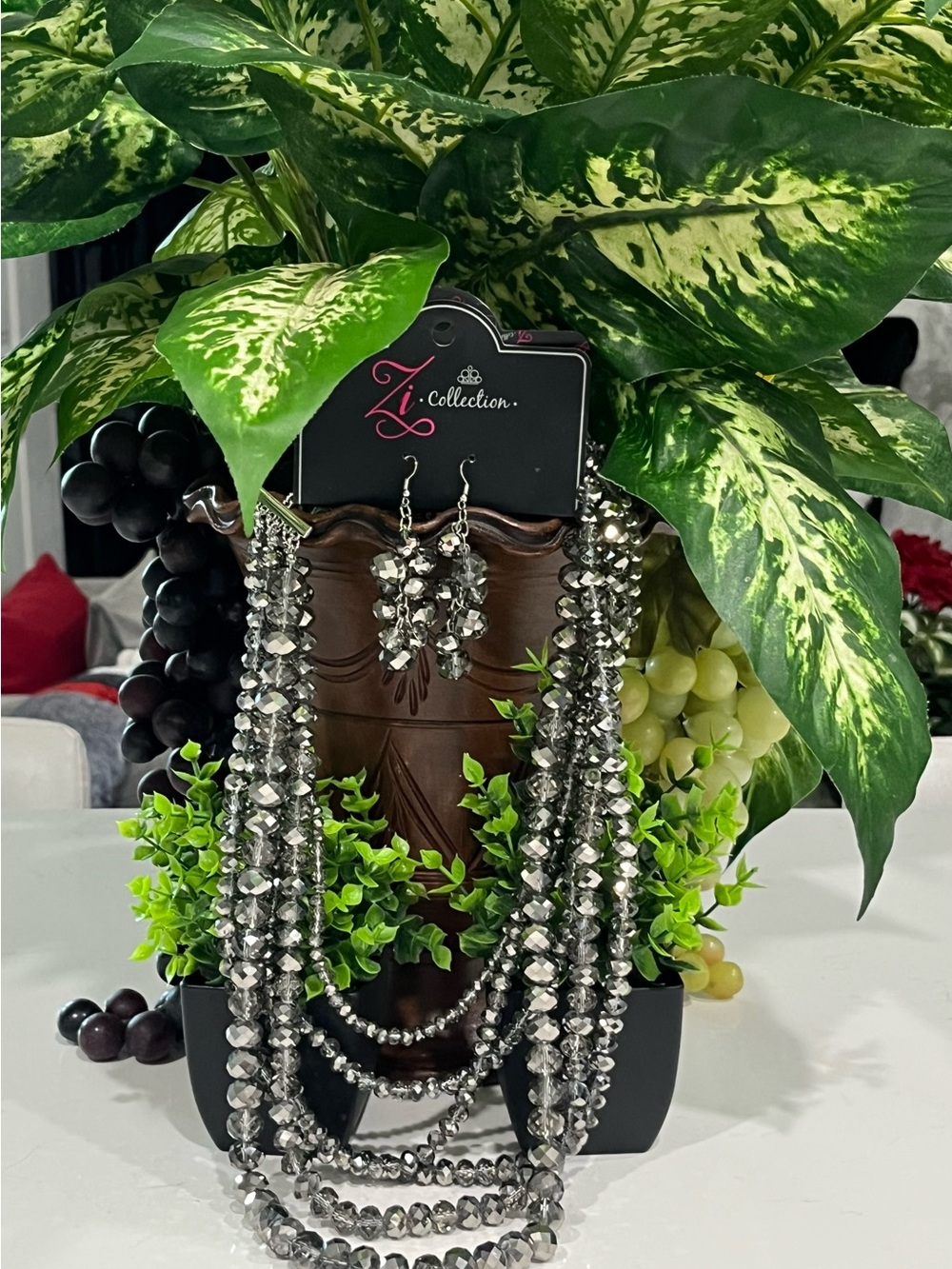 Zi COLLECTION Silver Multi-Strand Faceted Bead Necklace with Matching Earrings